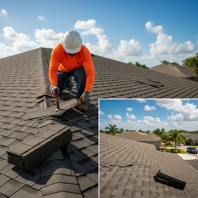 Roofing crew performing residential roof repair on a Miami home