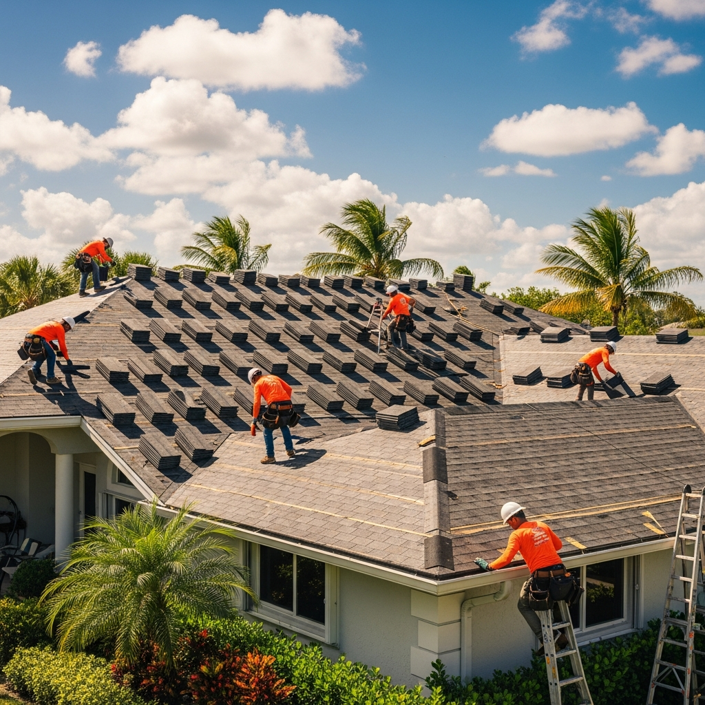 Top Florida Roofing crew installing Polyglass underlayment during a full roof replacement