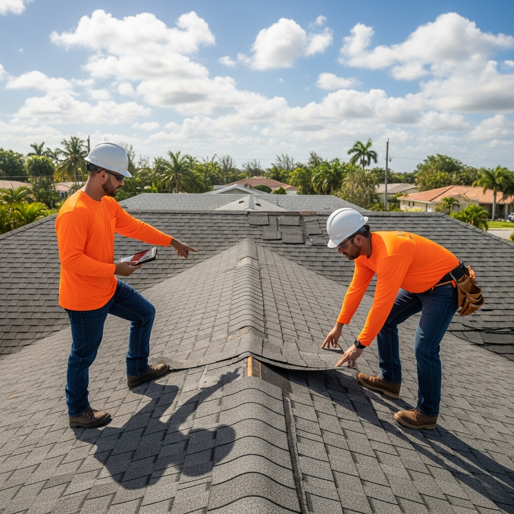 Roofing crew repairing hurricane storm damage on a Miami home