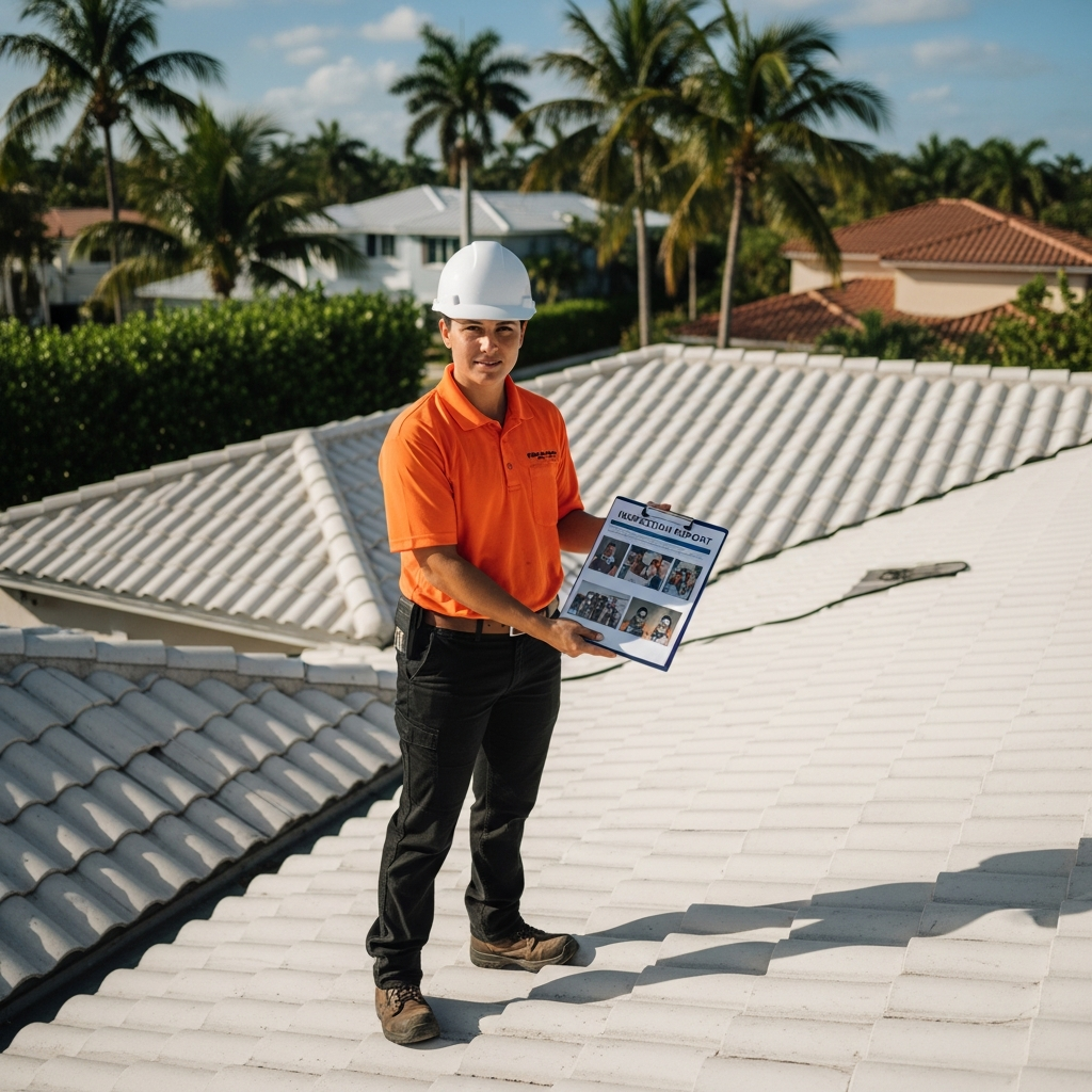 Roofing contractor preparing insurance documentation for Miami homeowner