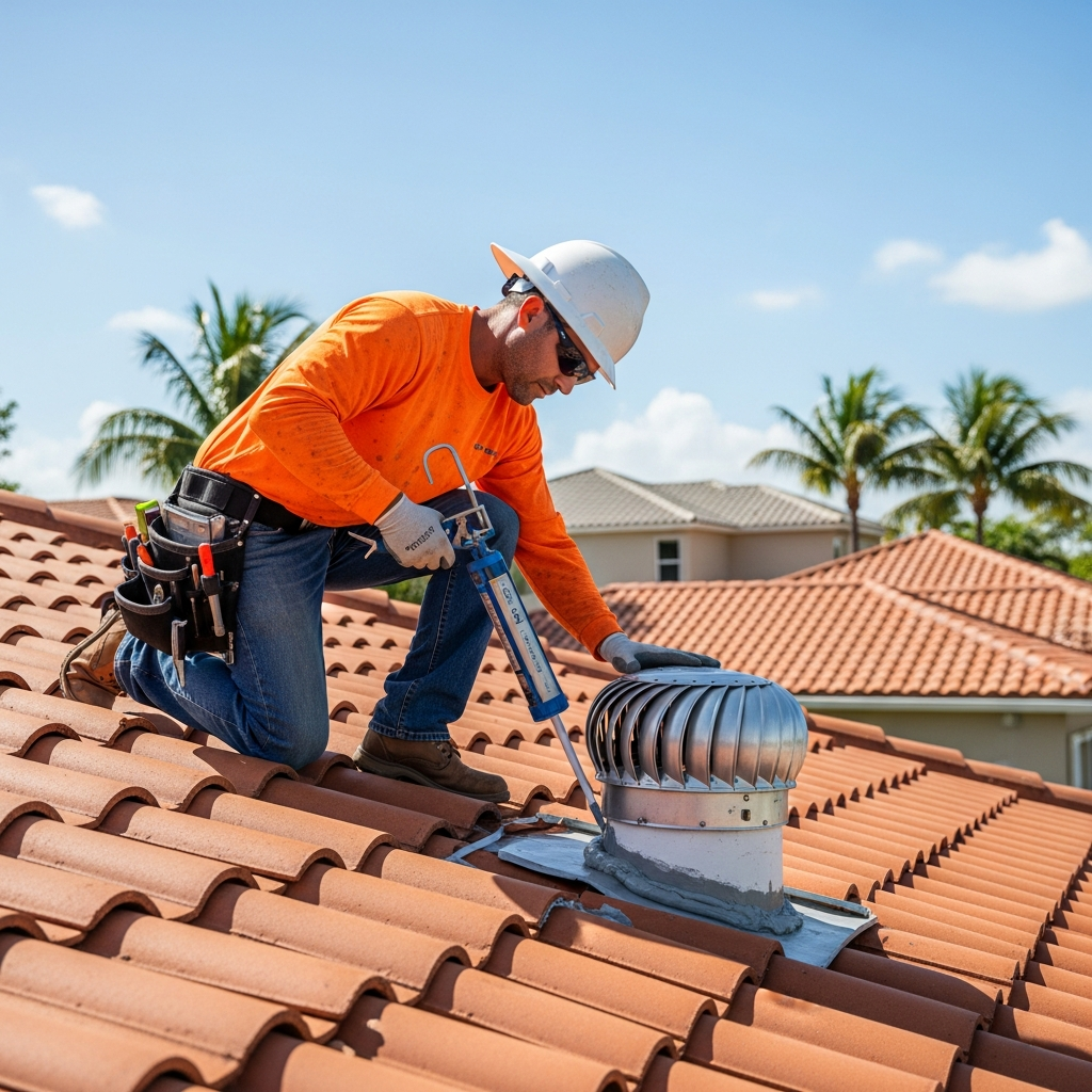 Roofing crew performing preventive roof maintenance on a Miami home