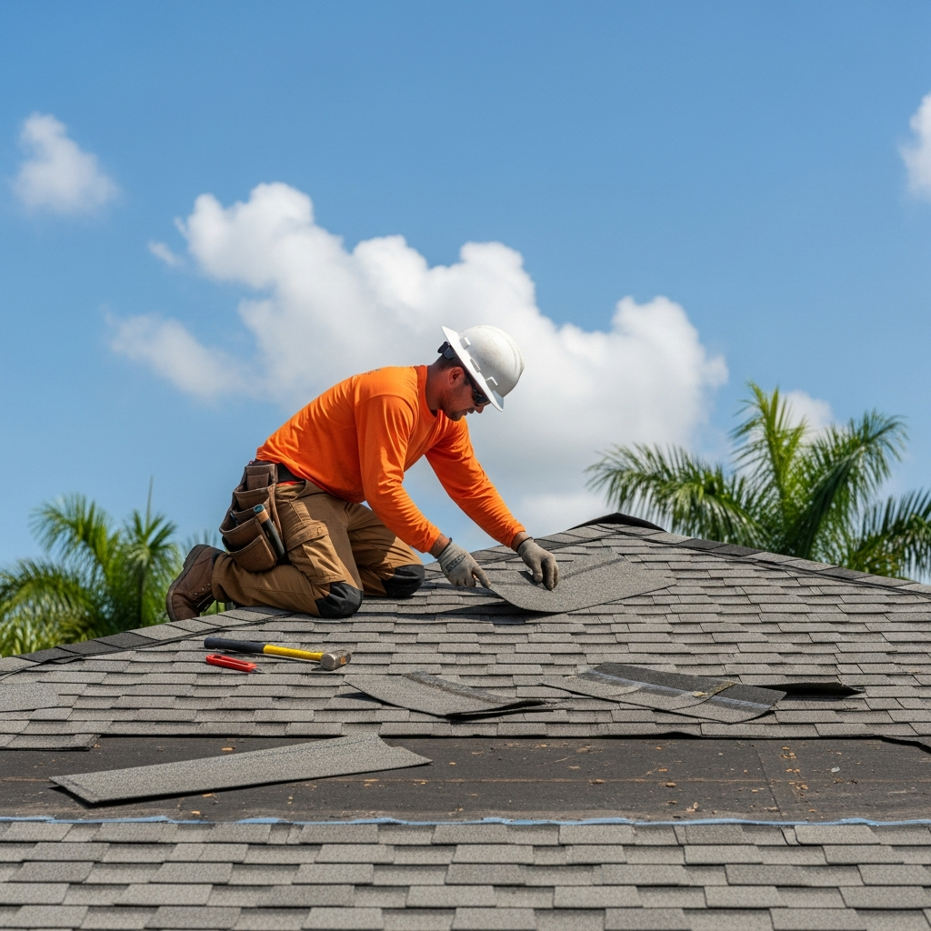 Wind damaged roof with missing tiles being repaired in Miami