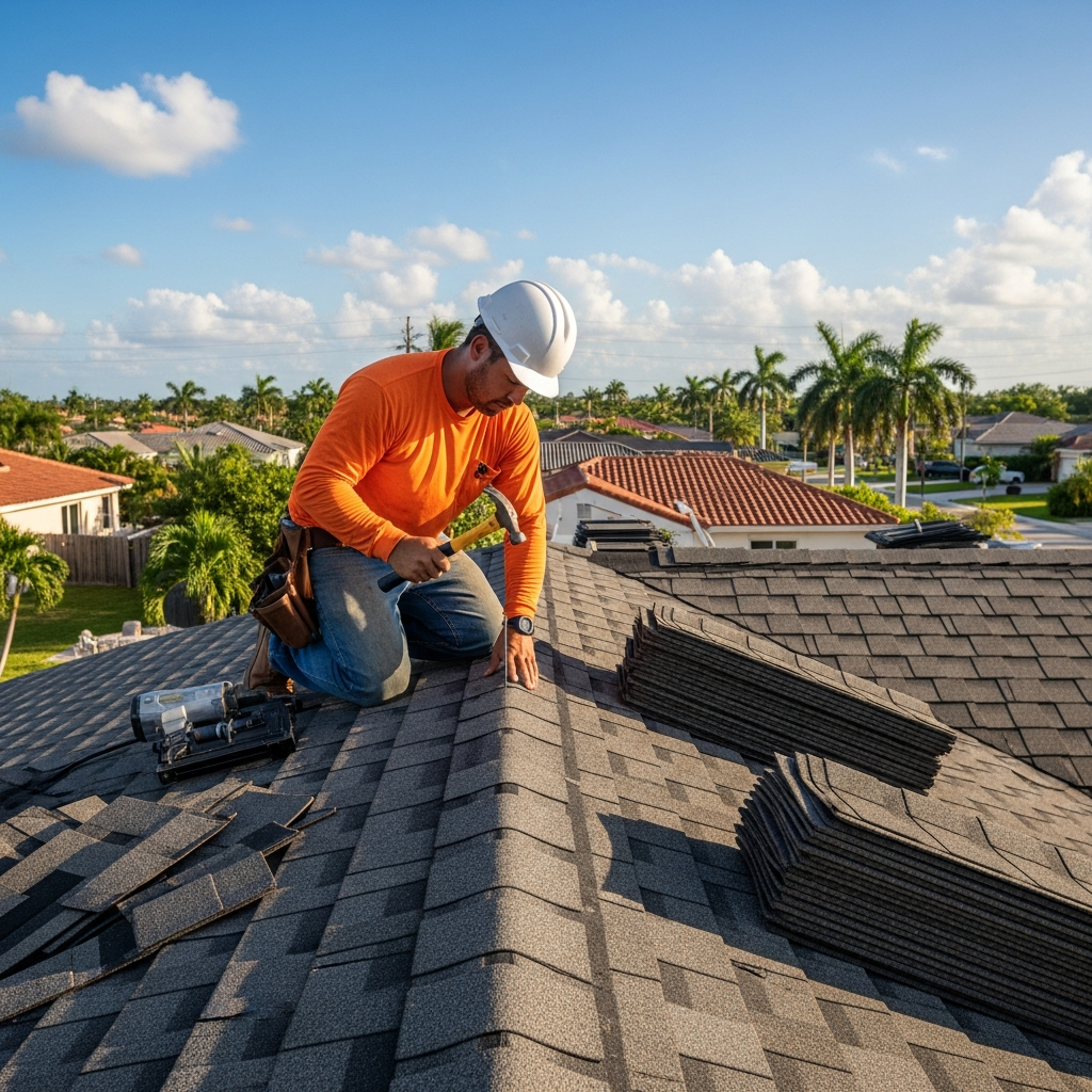 GAF-certified roofer repairing asphalt shingles on a Miami home