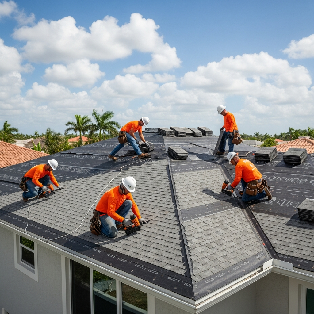 Top Florida Roofing crew nailing GAF Timberline HDZ shingles on a Miami home with palm trees and tile roofs in background