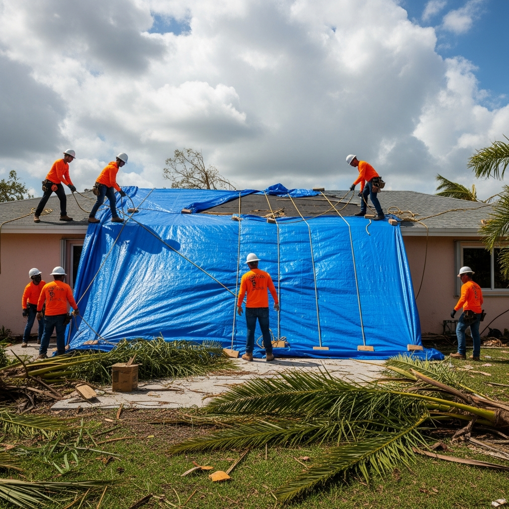 Roofer applying emergency tarp on a storm-damaged tile roof in Miami with dark storm clouds overhead