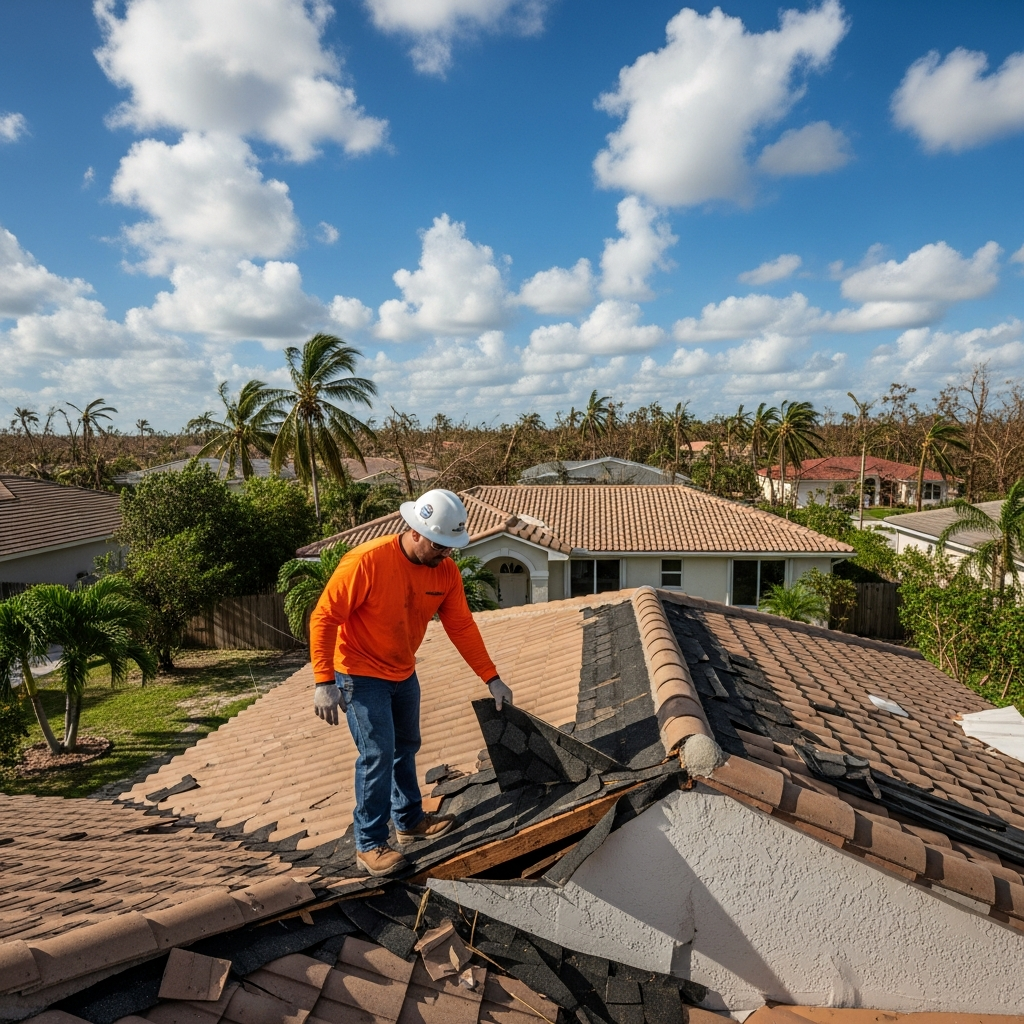 Roofer applying emergency tarp on a storm-damaged tile roof in Miami with dark storm clouds overhead