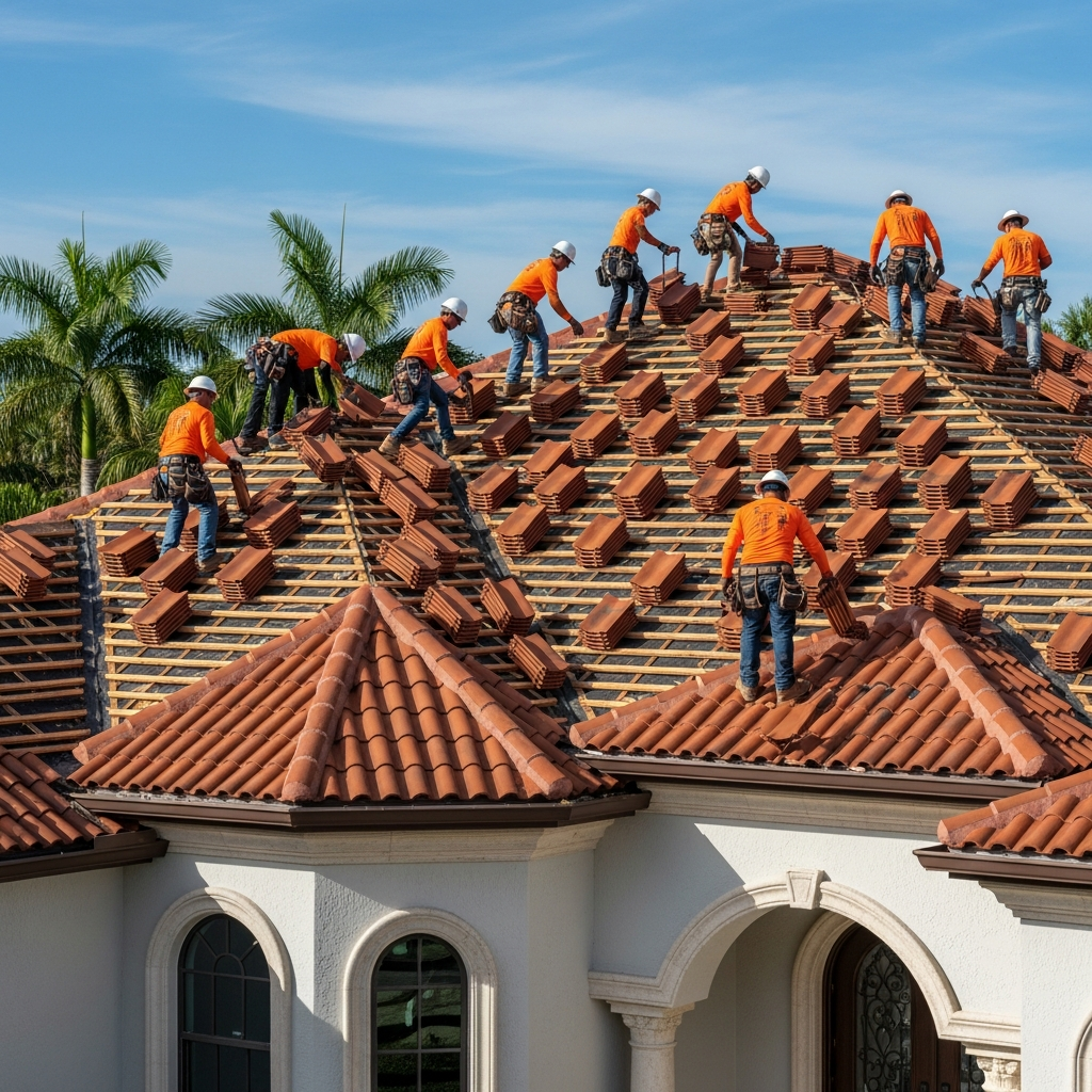 Top Florida Roofing crew installing clay barrel tiles on a Miami home