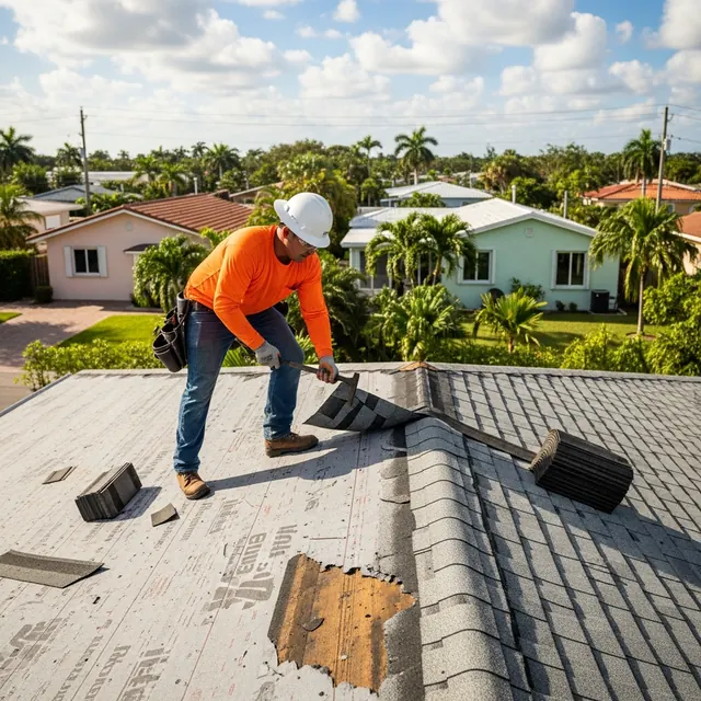 Roofer repairing wind-damaged shingles on a Miami rooftop with stormy skies and drone overhead