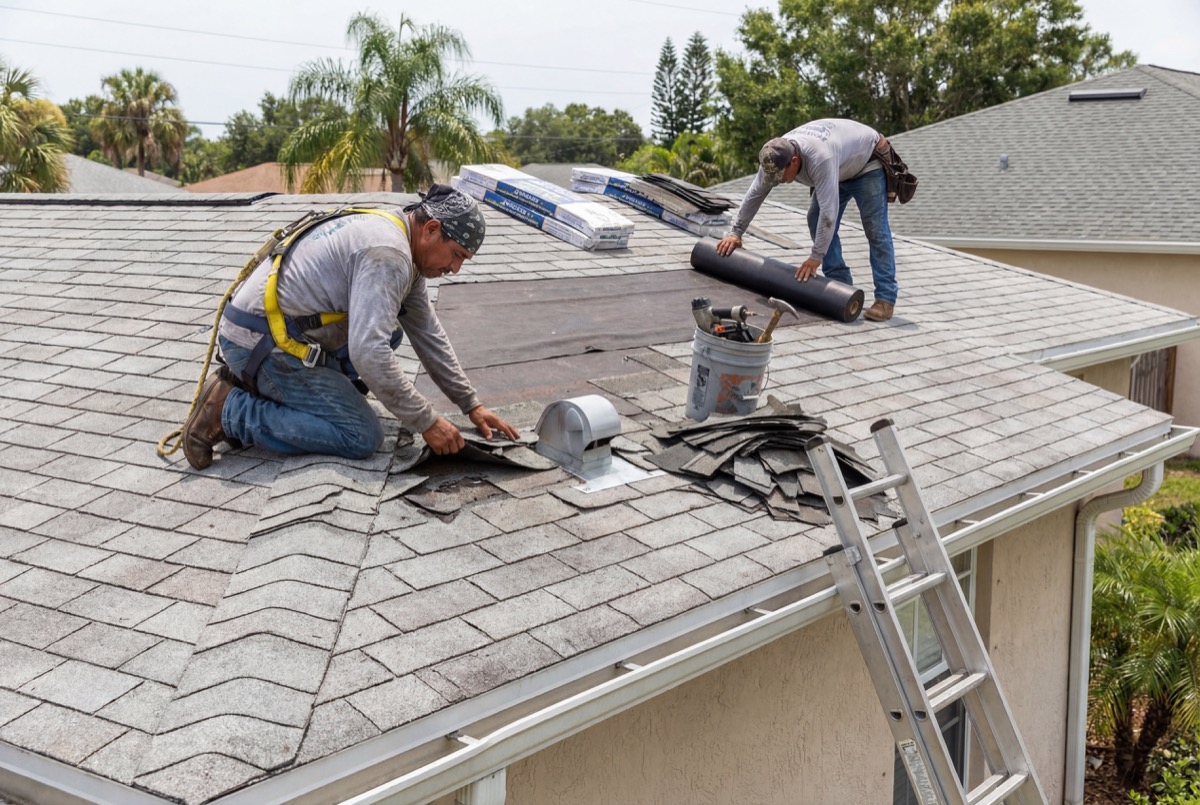 Roofers installing shingles on house roof