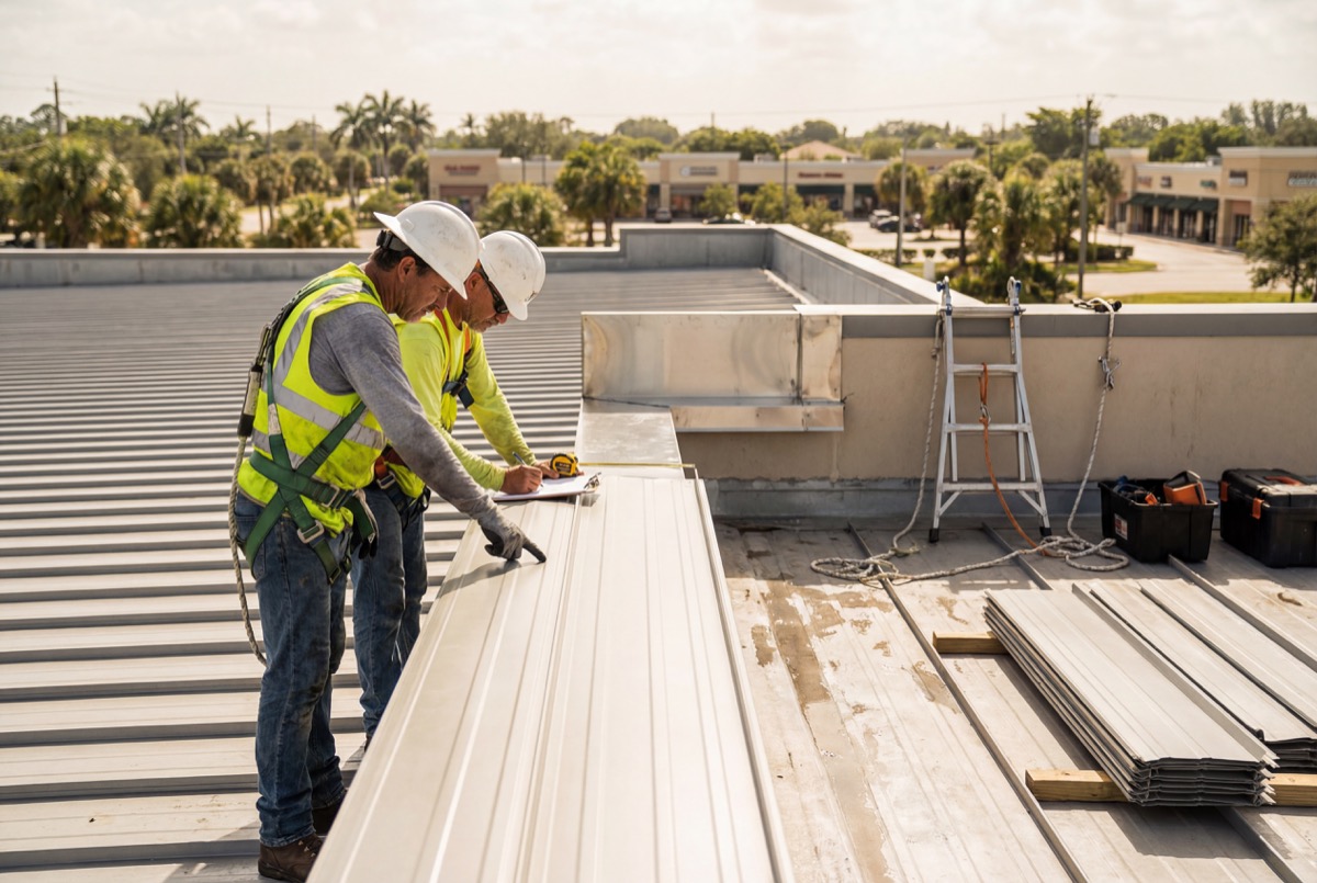 Workers installing metal roof panels outdoors