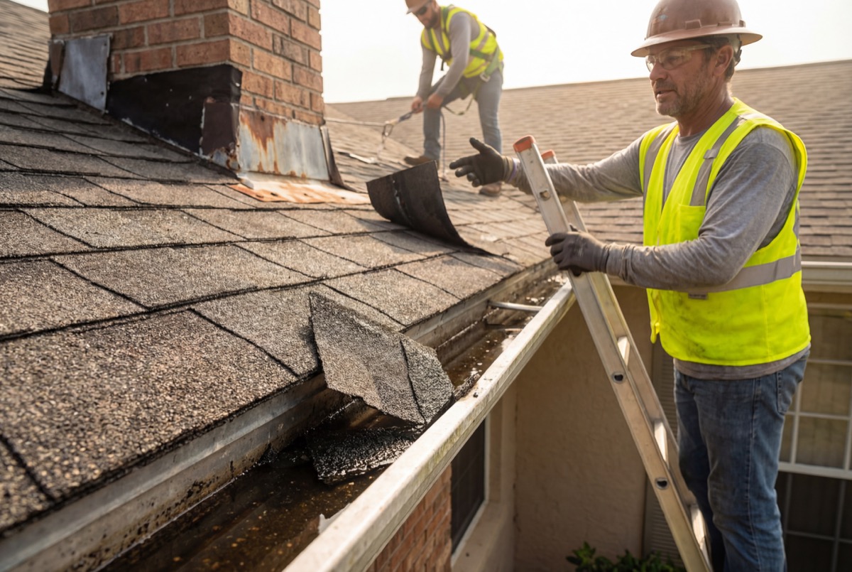 Workers cleaning roof gutters with shovels