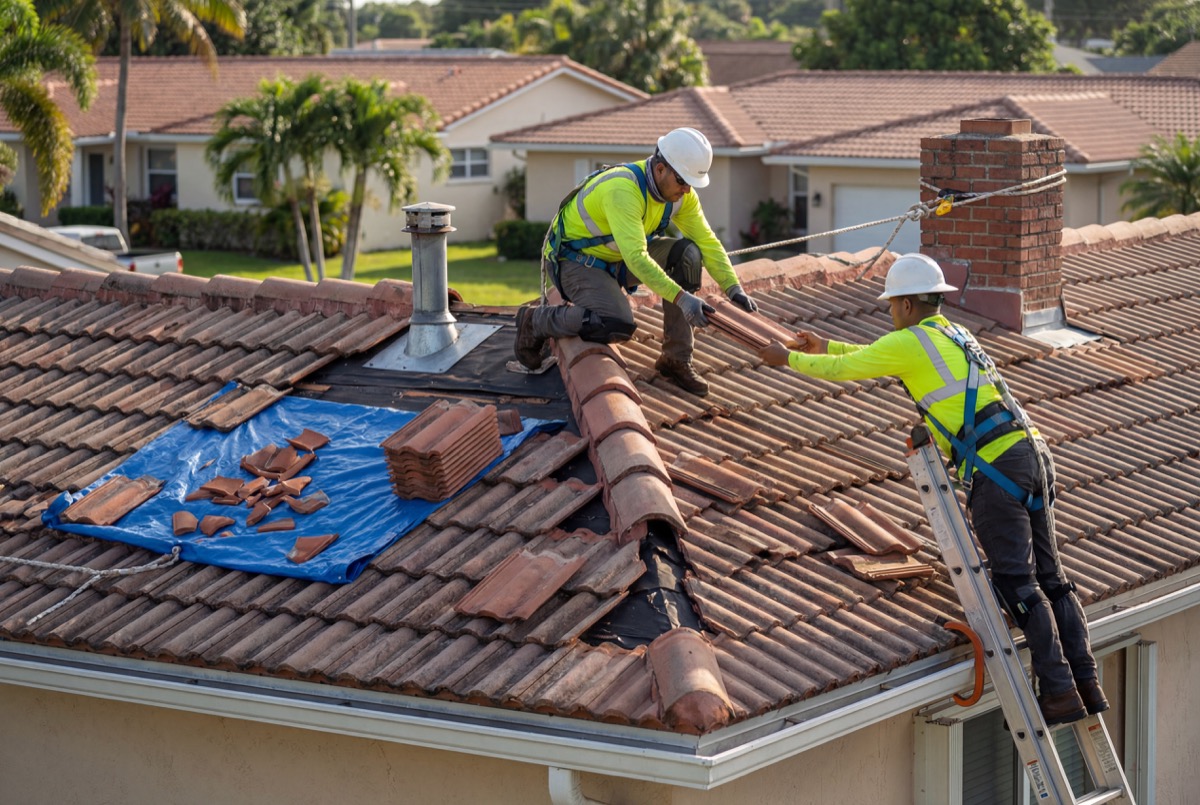 Roofers repairing clay tile roof outdoors