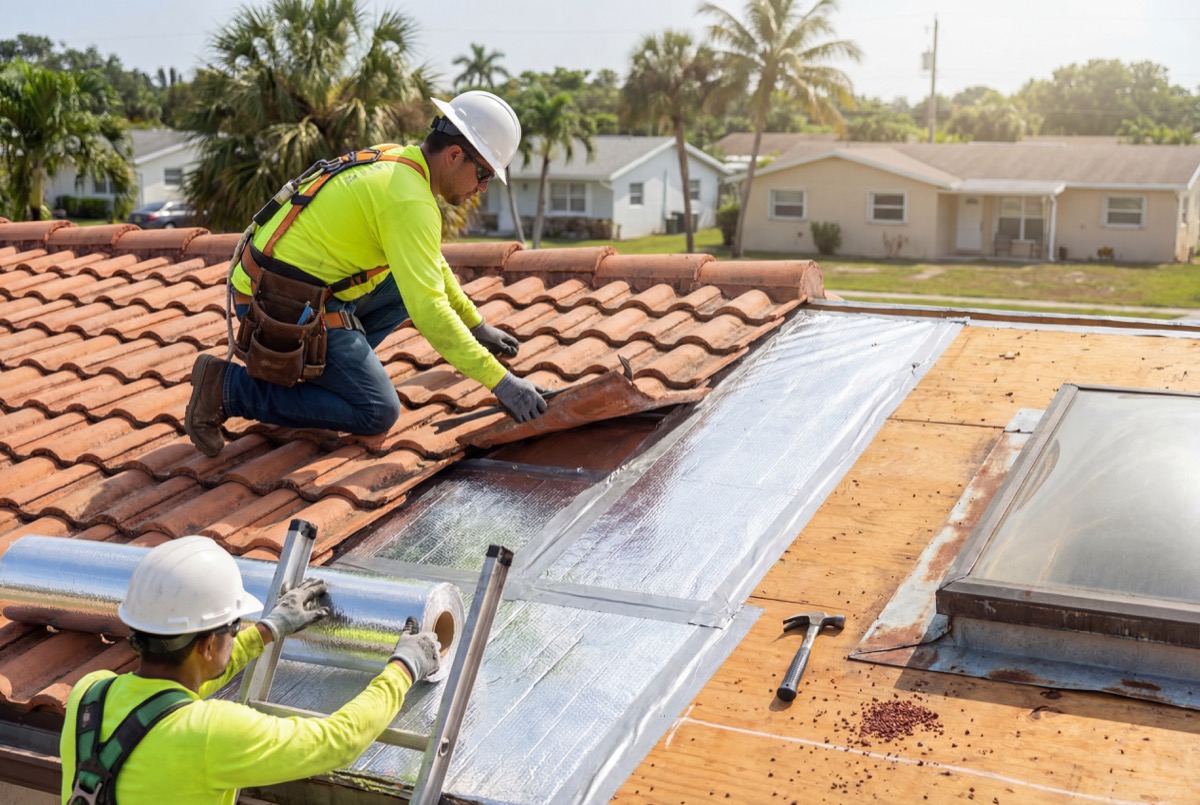 Roofer applying waterproof membrane on roof deck