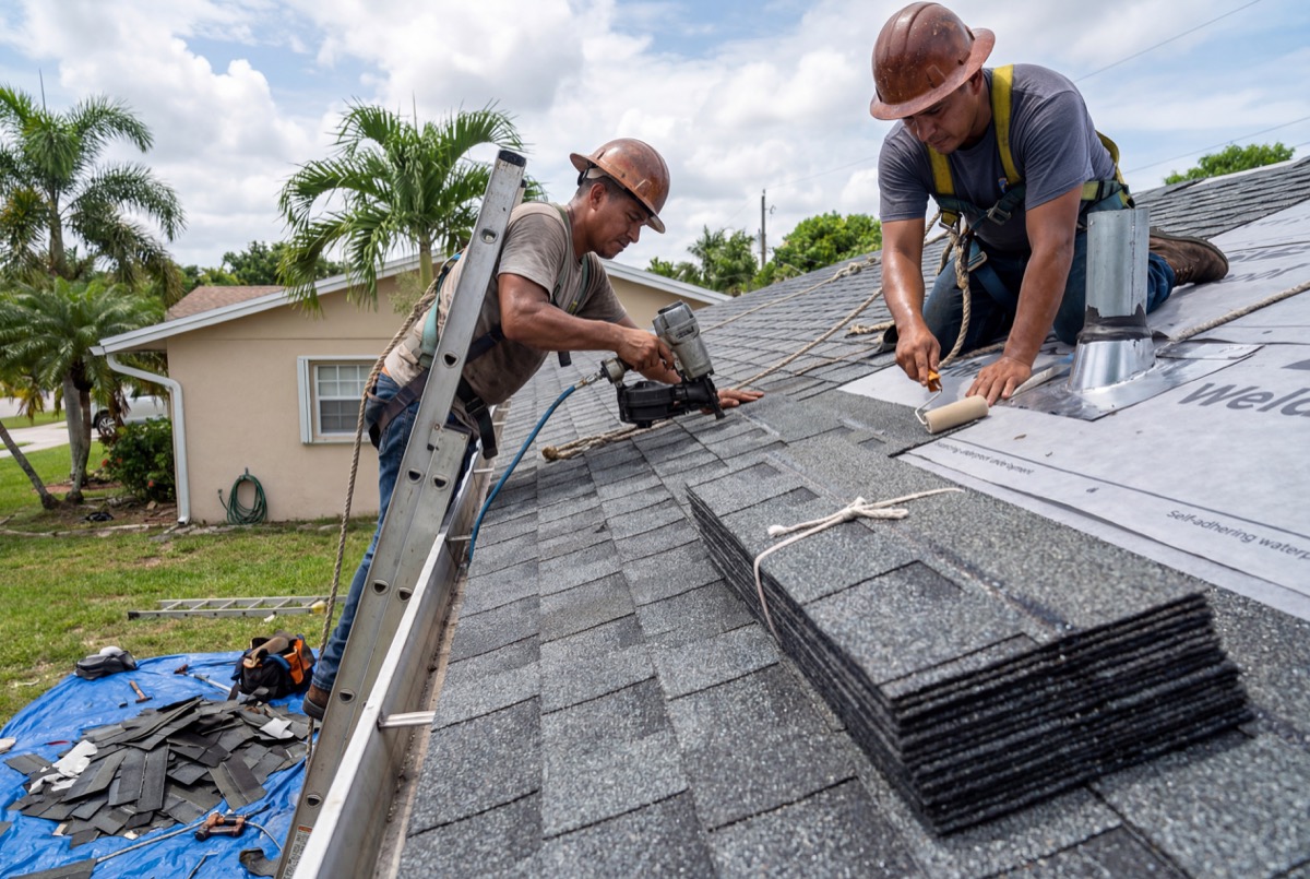 Roofers installing asphalt shingles on house roof