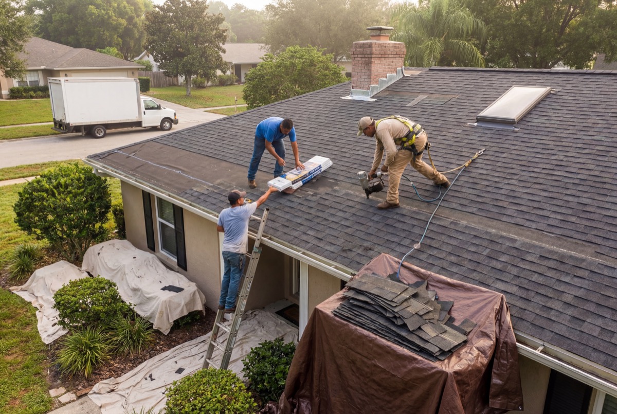 Roofers installing shingles on house roof