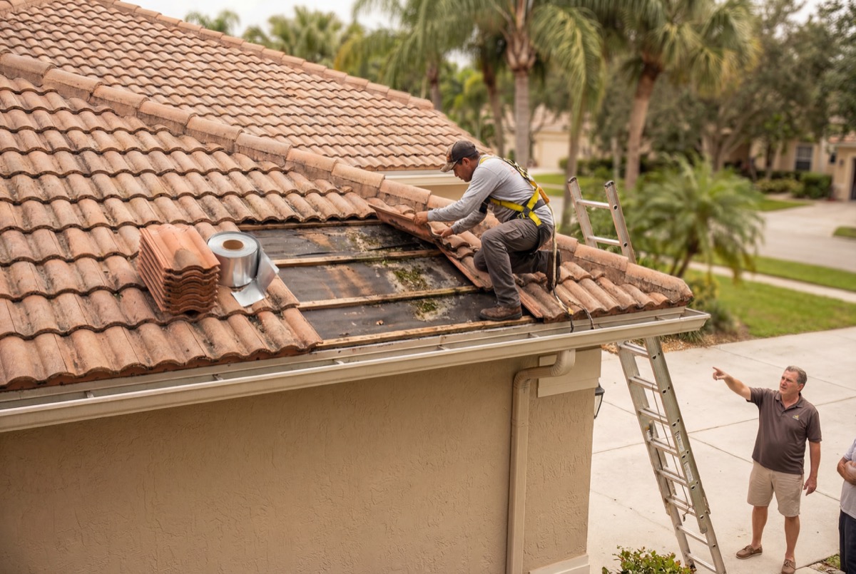 Man installing solar panels on tile roof
