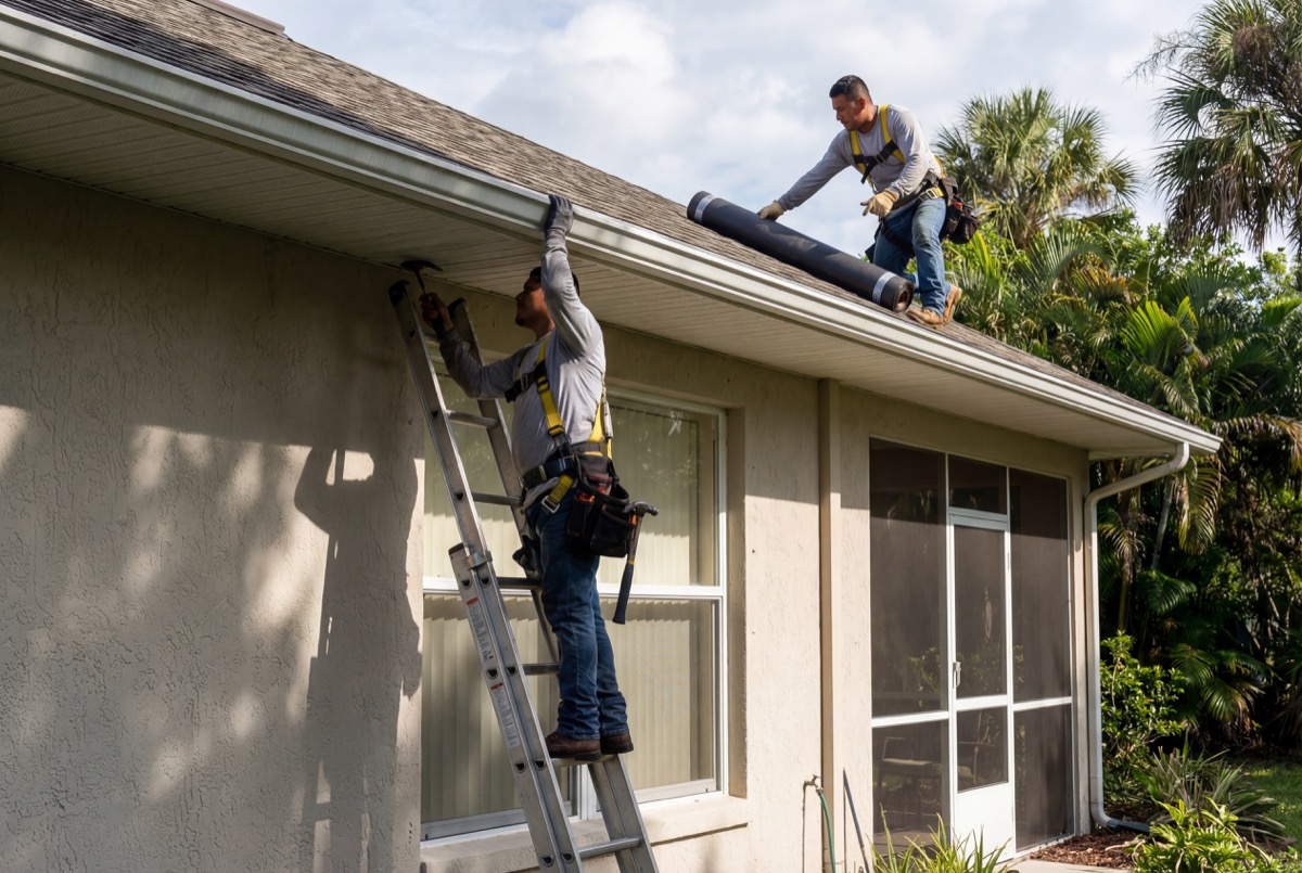 Workers installing gutter on house roof