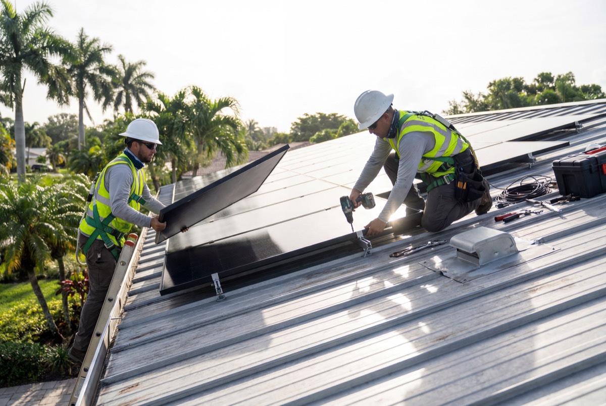 Workers installing solar panels on metal roof