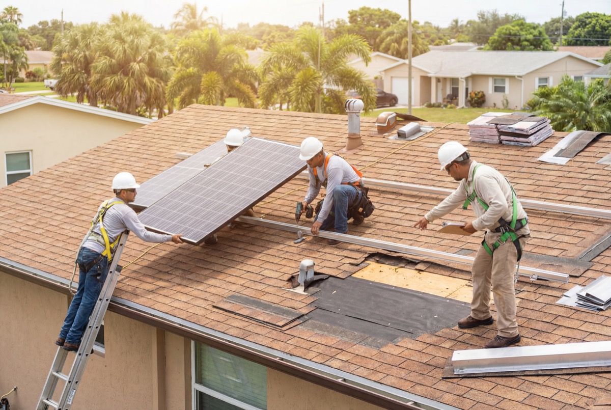 Workers installing solar panels on house roof
