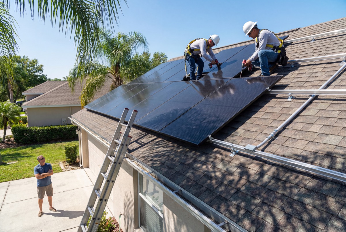 Workers installing solar panels on house roof