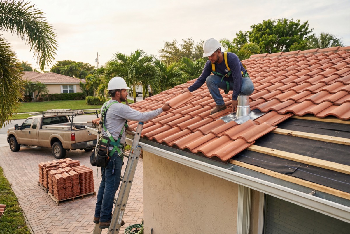 Roofers installing red clay tiles on house roof