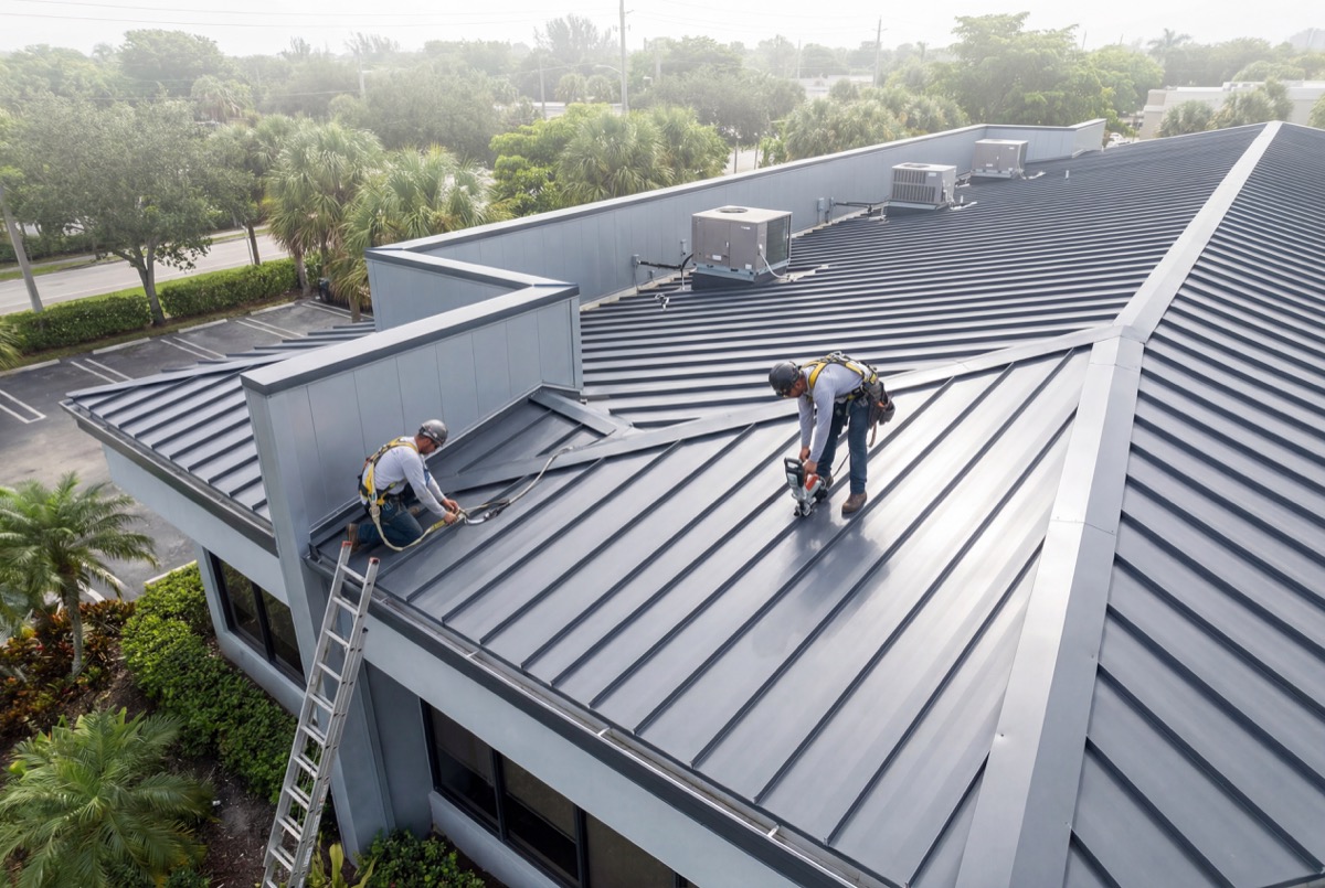 Workers installing metal roof panels on house