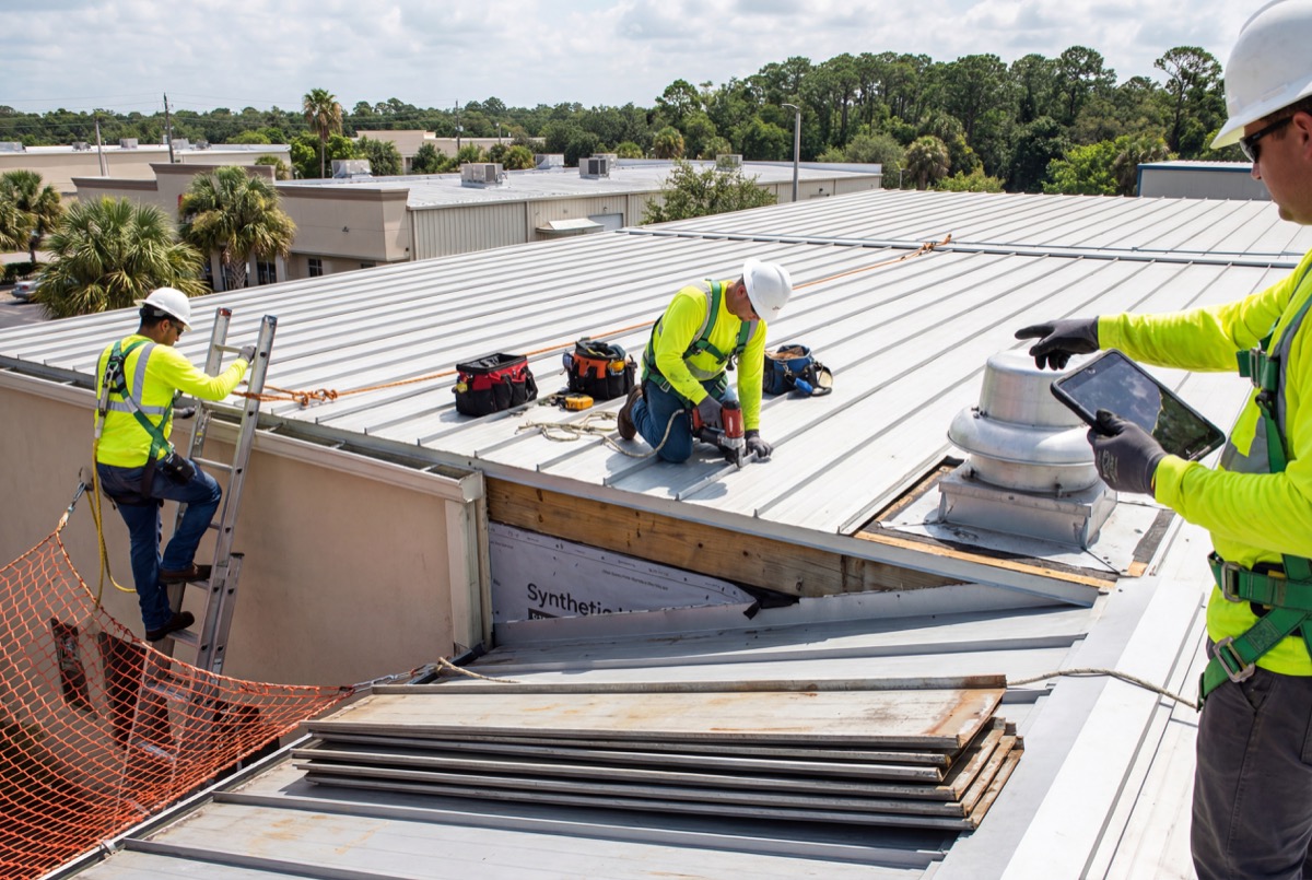 Workers installing metal roof panels outdoors