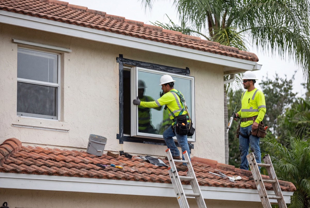 Workers installing window on house exterior