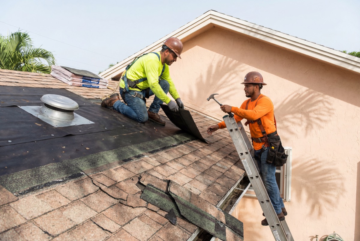 Roofers installing shingles on house roof