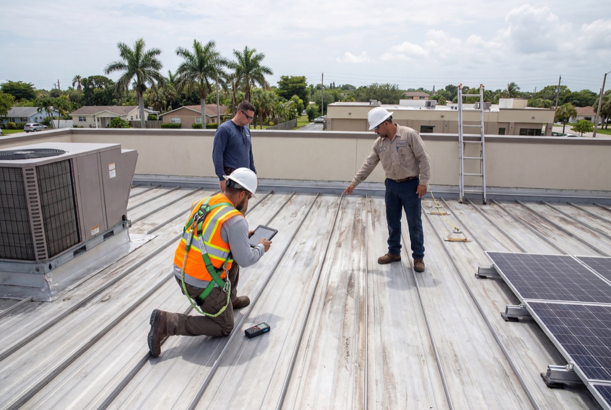 Workers inspecting rooftop near solar panels