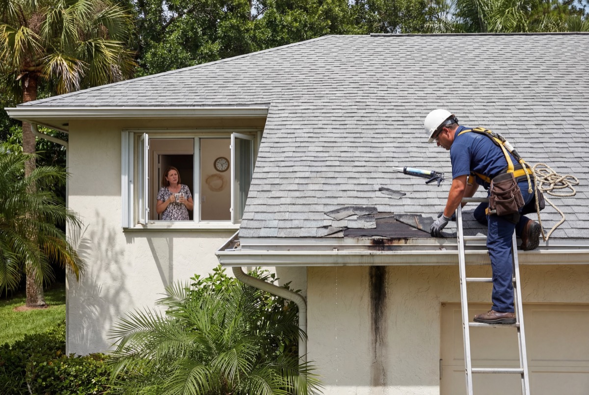 Roofer repairing roof near homeowner window