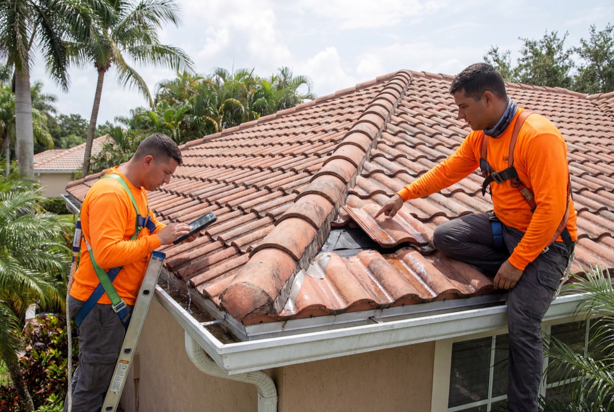Roofers repairing clay tile roof on house