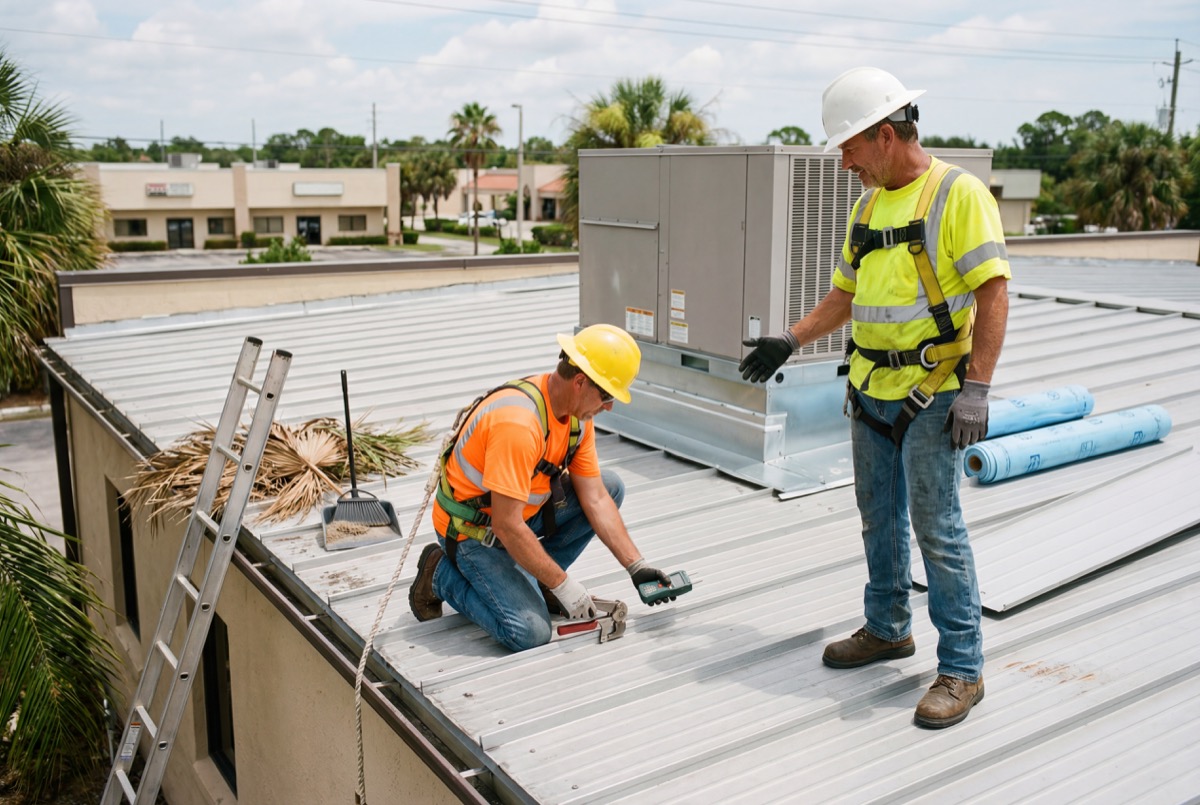 Workers installing HVAC unit on metal roof