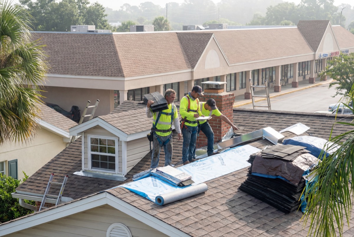 Roofers installing shingles on house roof