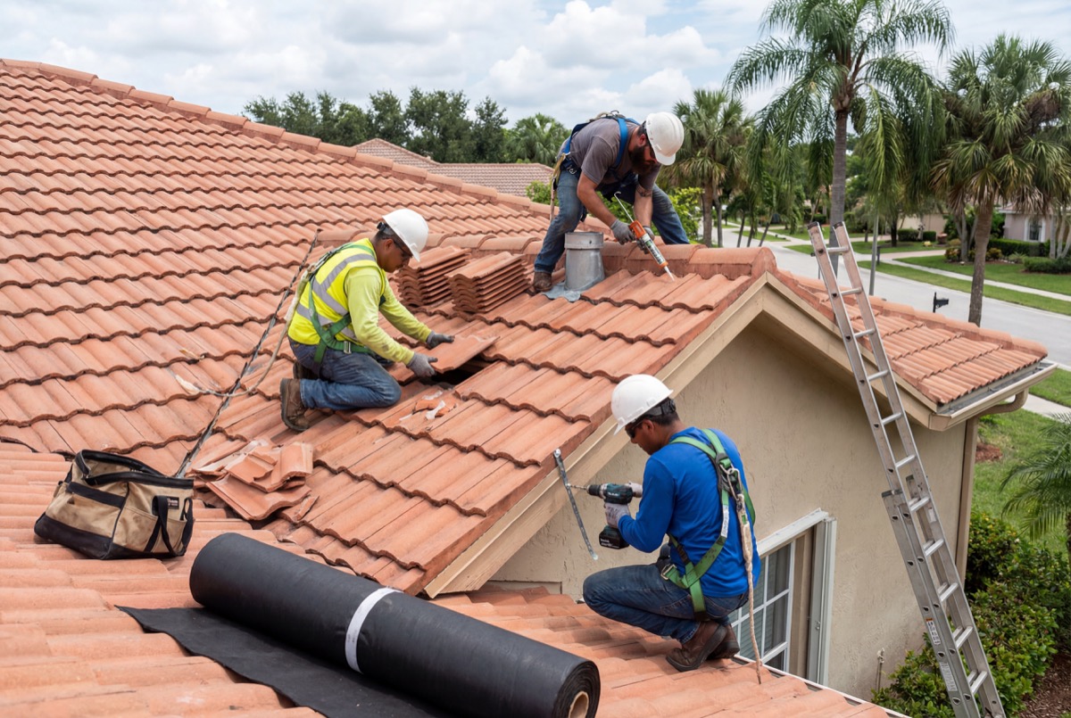 Workers installing terracotta roof tiles outdoors
