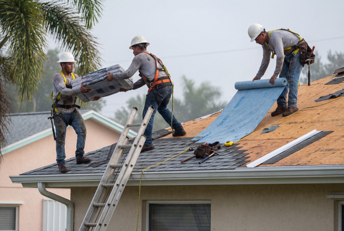Workers installing roofing felt on house roof