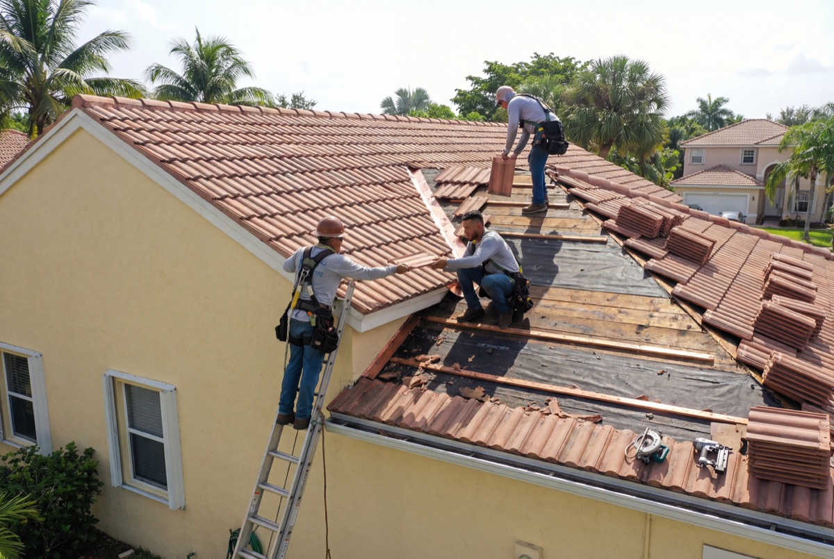 Roofers repairing tile roof on house