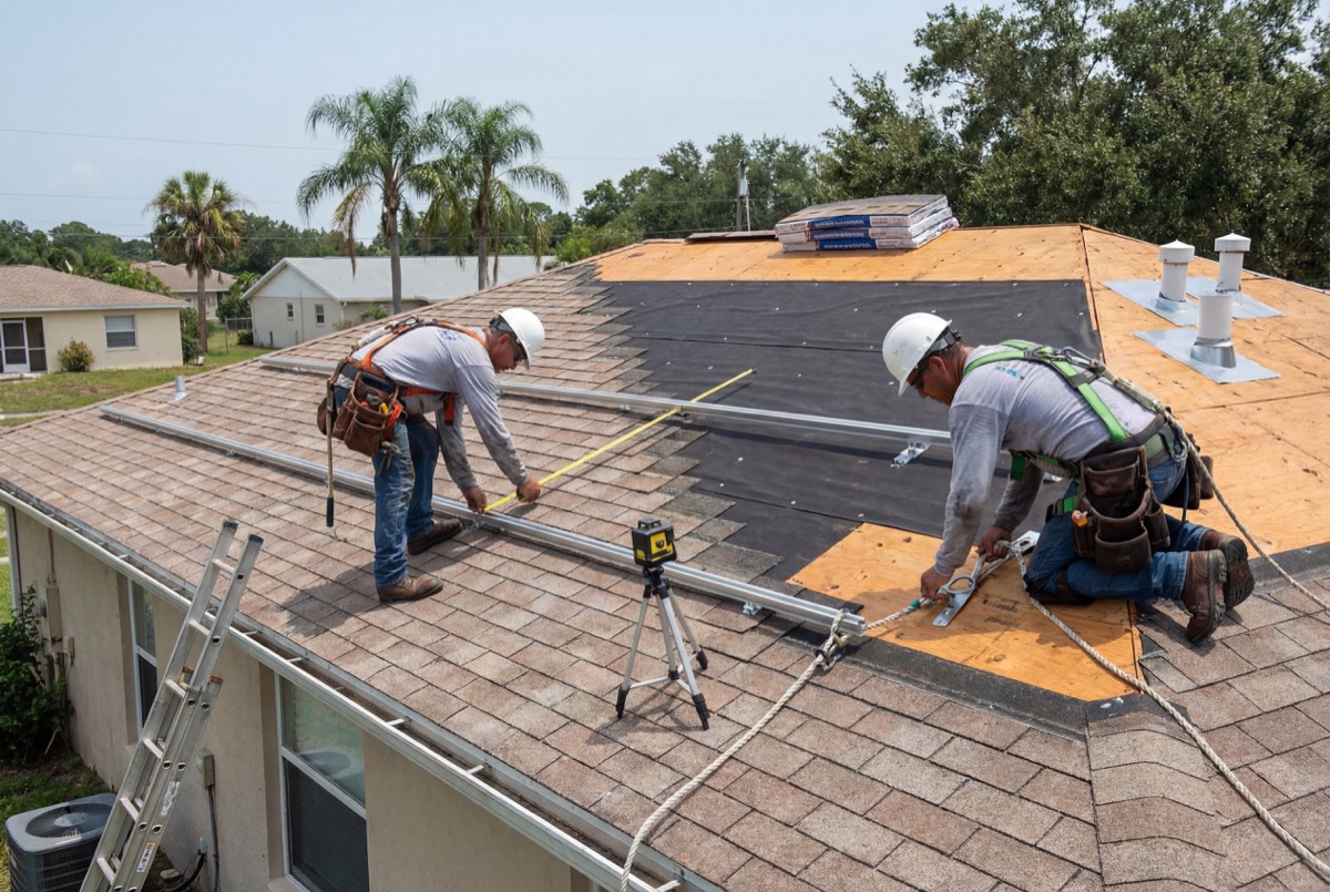 Roofers installing underlayment on house roof