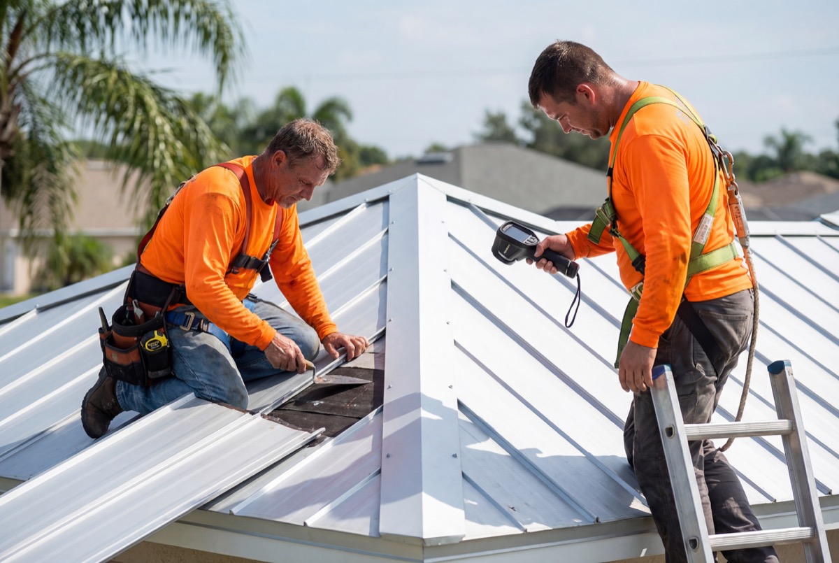 Roofers installing metal panels on house roof