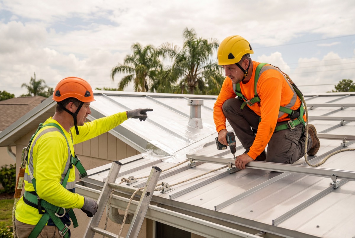 Workers installing metal roof panels outdoors
