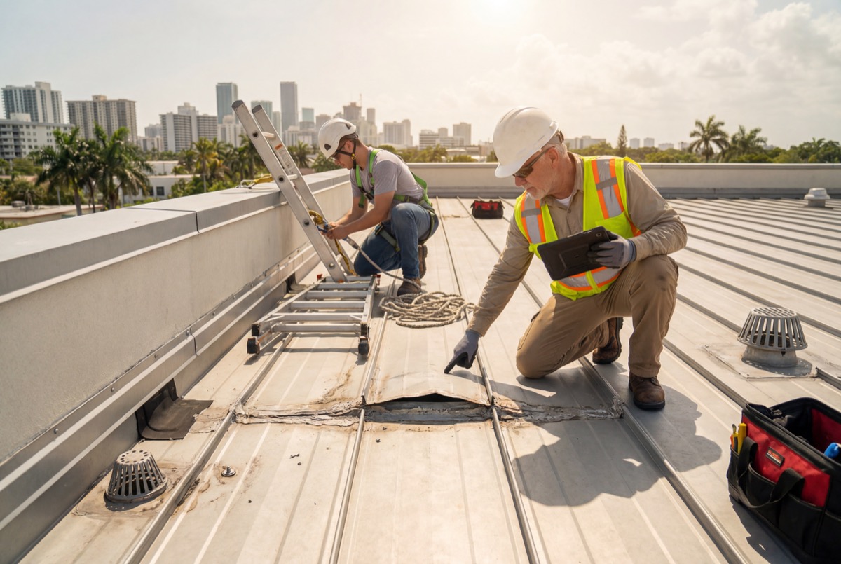 Construction workers repairing metal roof outdoors