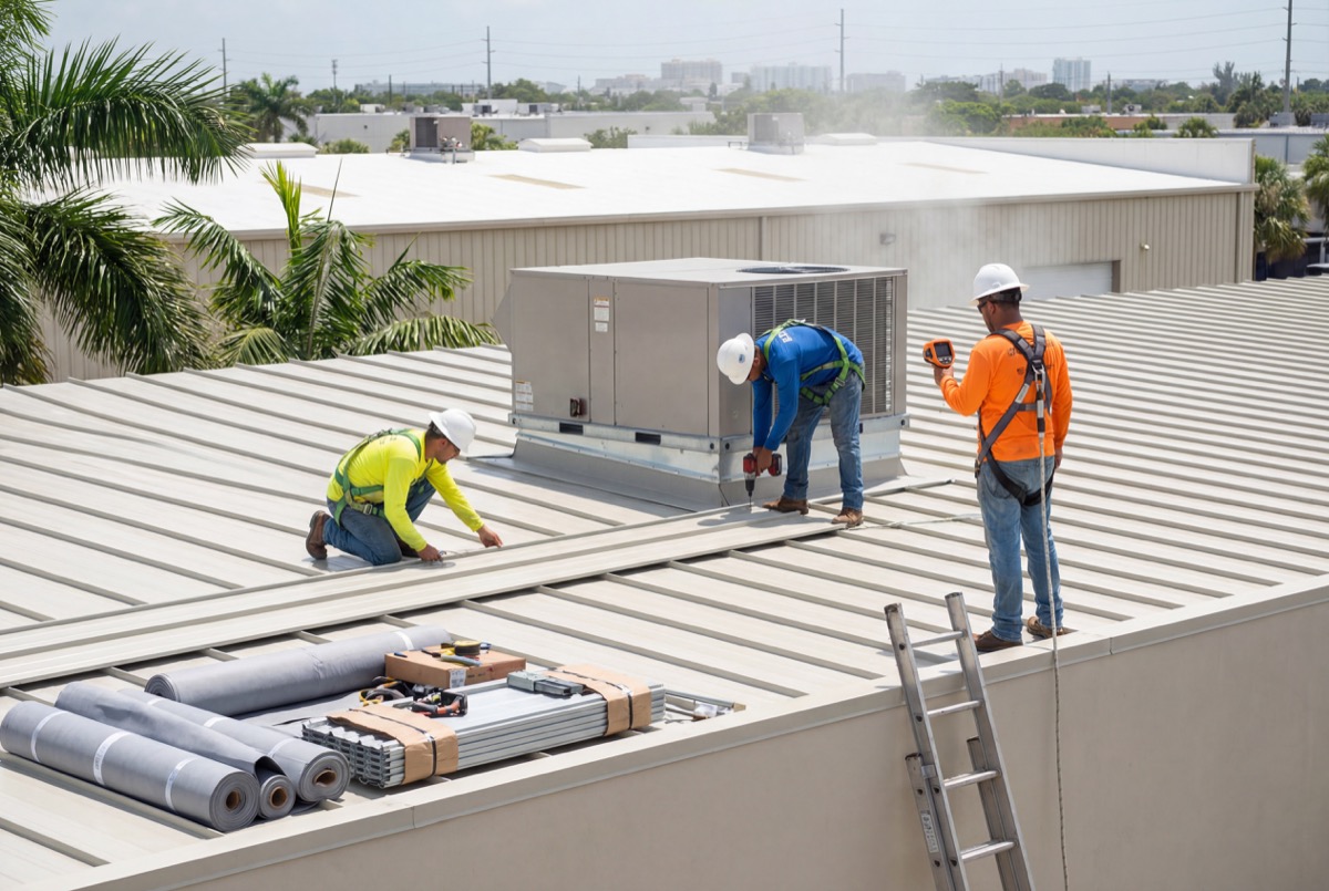 Workers installing metal roof panels outdoors