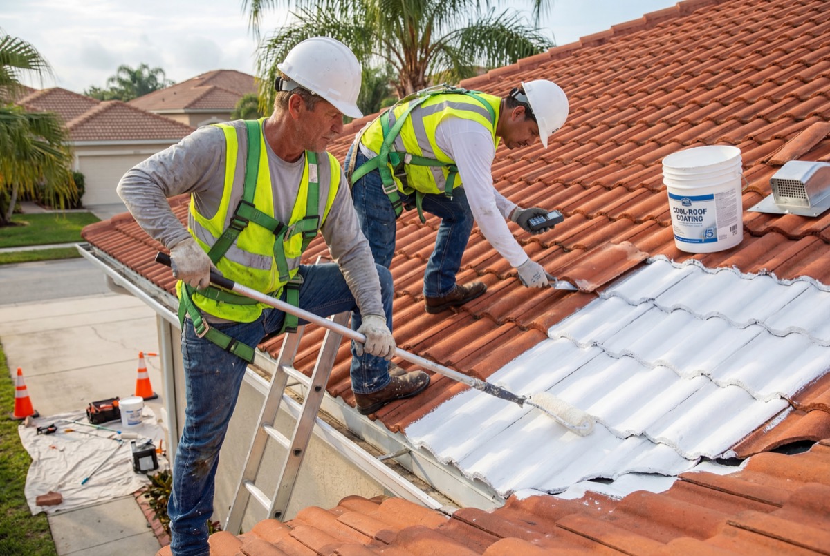 Workers painting terracotta roof with white coating