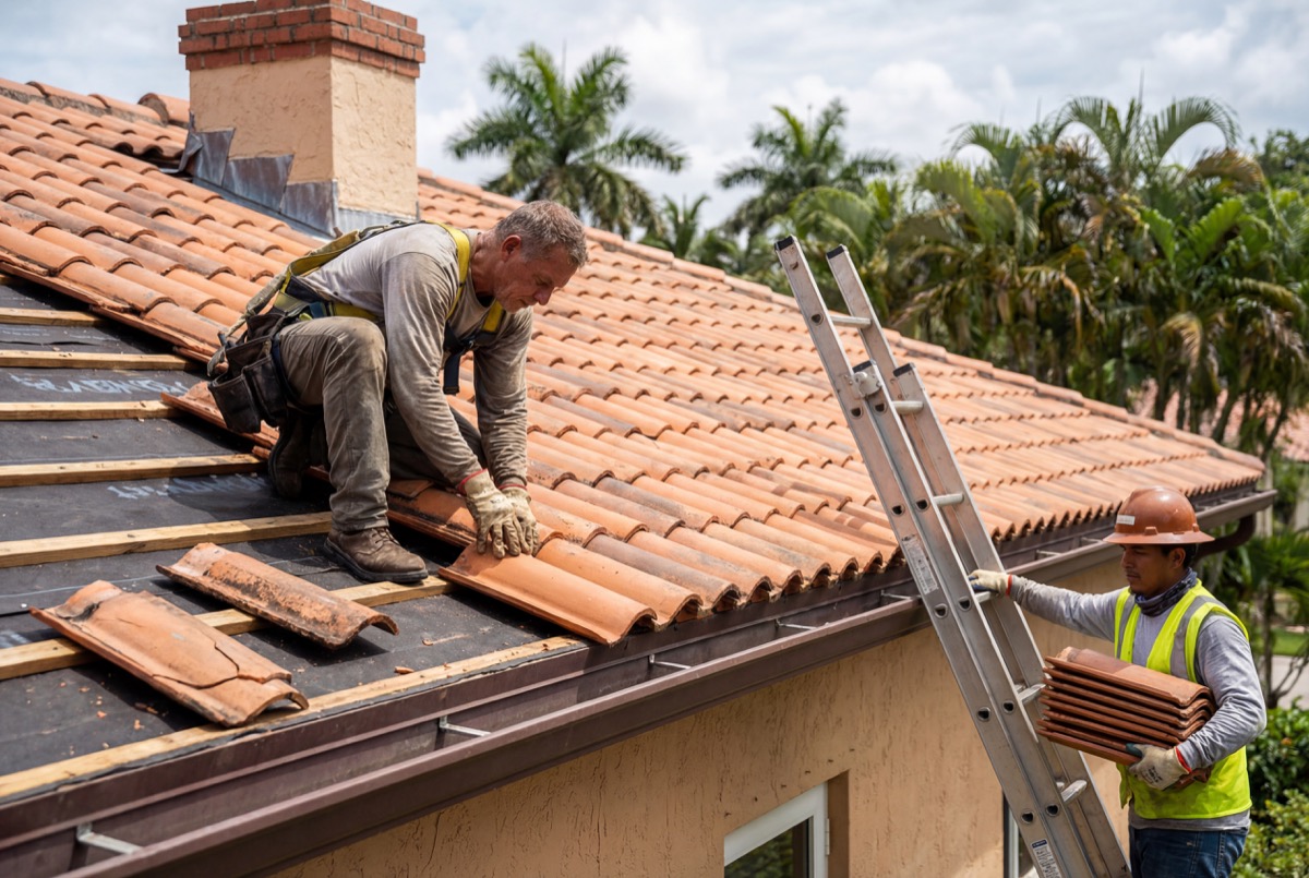Roofers installing clay tiles on house roof