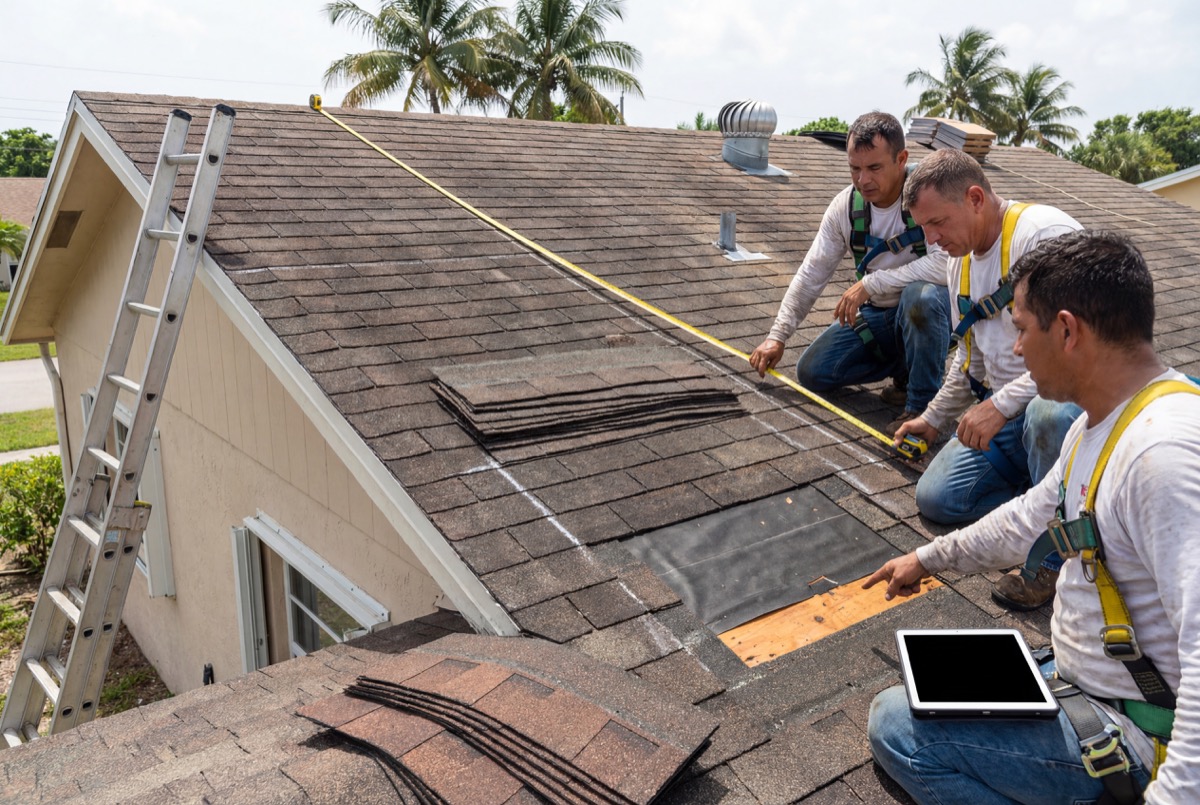 Roofers measuring shingles on house roof
