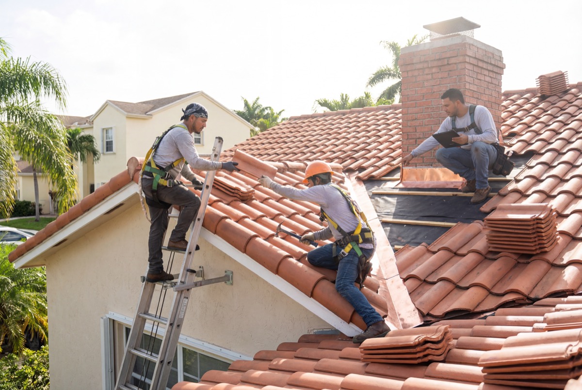 Roofers installing red clay tiles on house