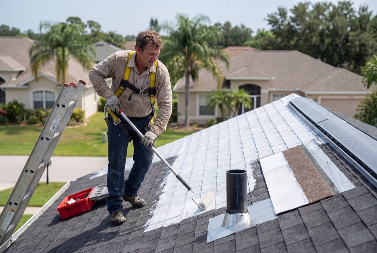 Man coating shingle roof with roller