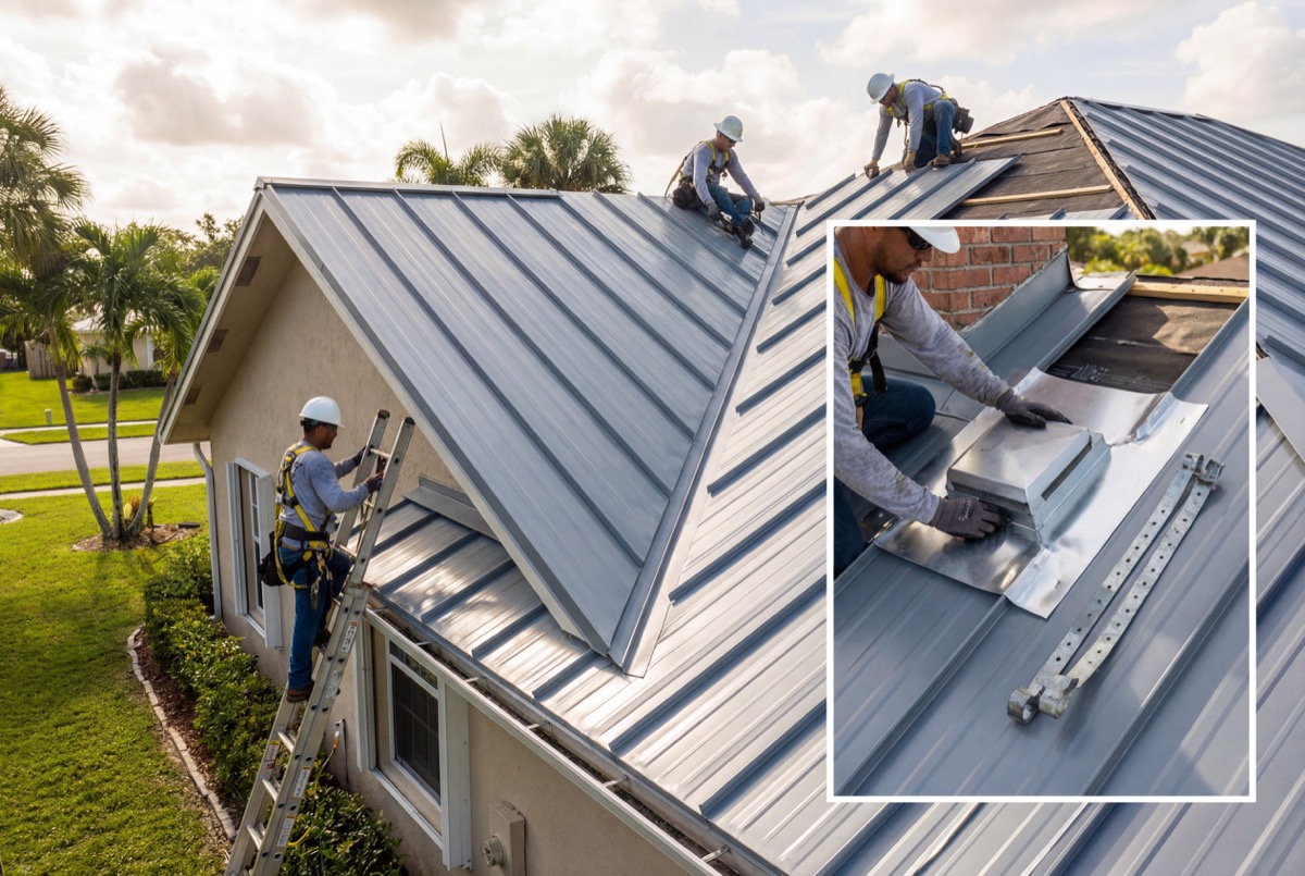 Workers installing metal roof panels