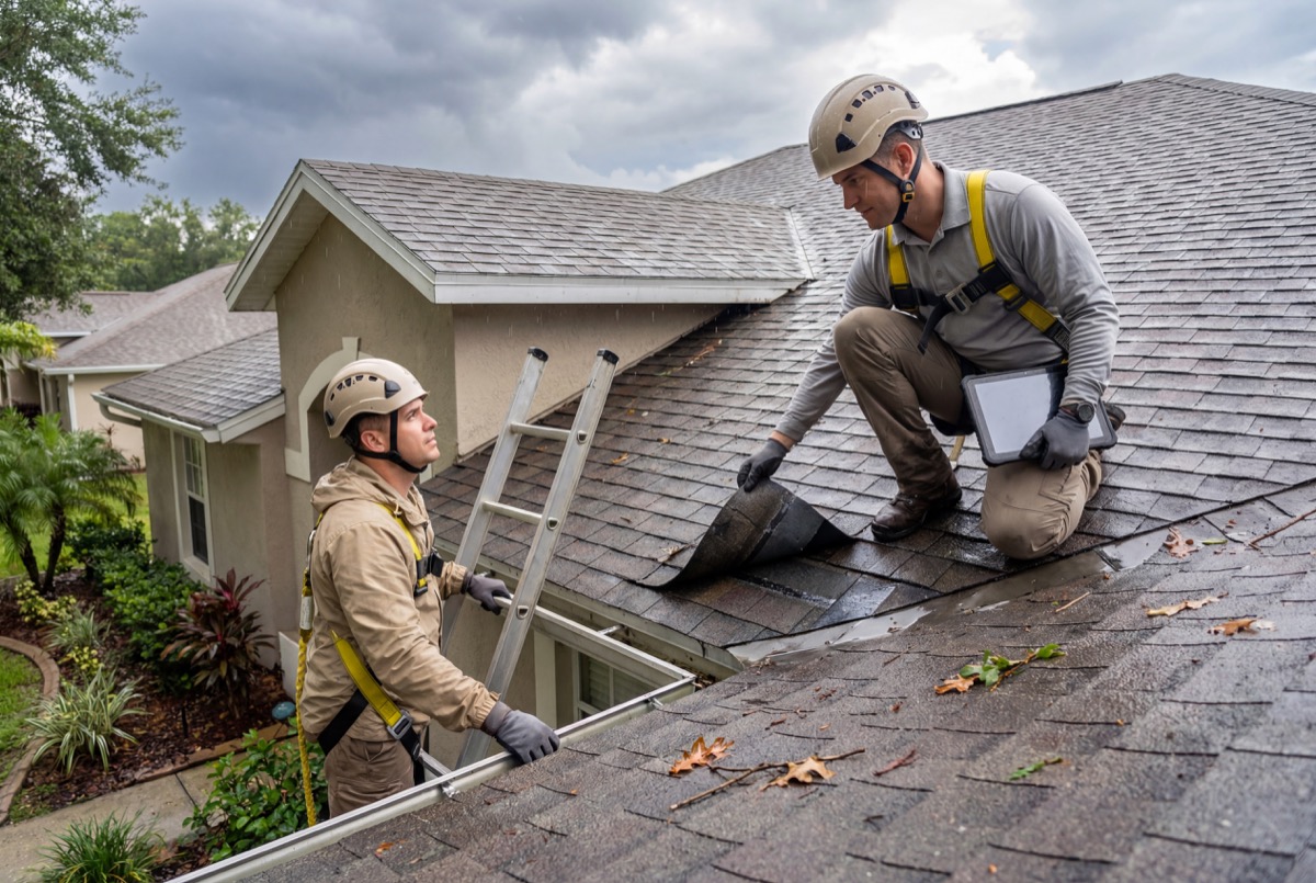 Roofers inspecting shingles on house roof