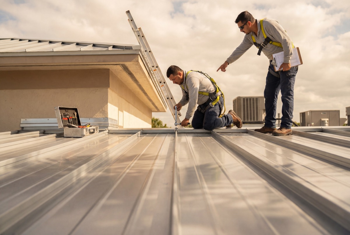 Workers inspecting metal roof panels